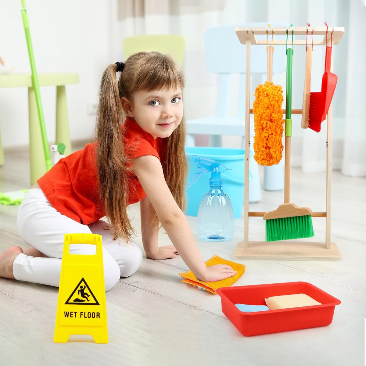 Gemileo Kids Cleaning Set - 12 Piece Wooden Detachable Cleaning Toys with Housekeeping Broom, Mop, Duster, Dustpan, Brush and Hanging Stand for Pretend Kitchen Toddlers
