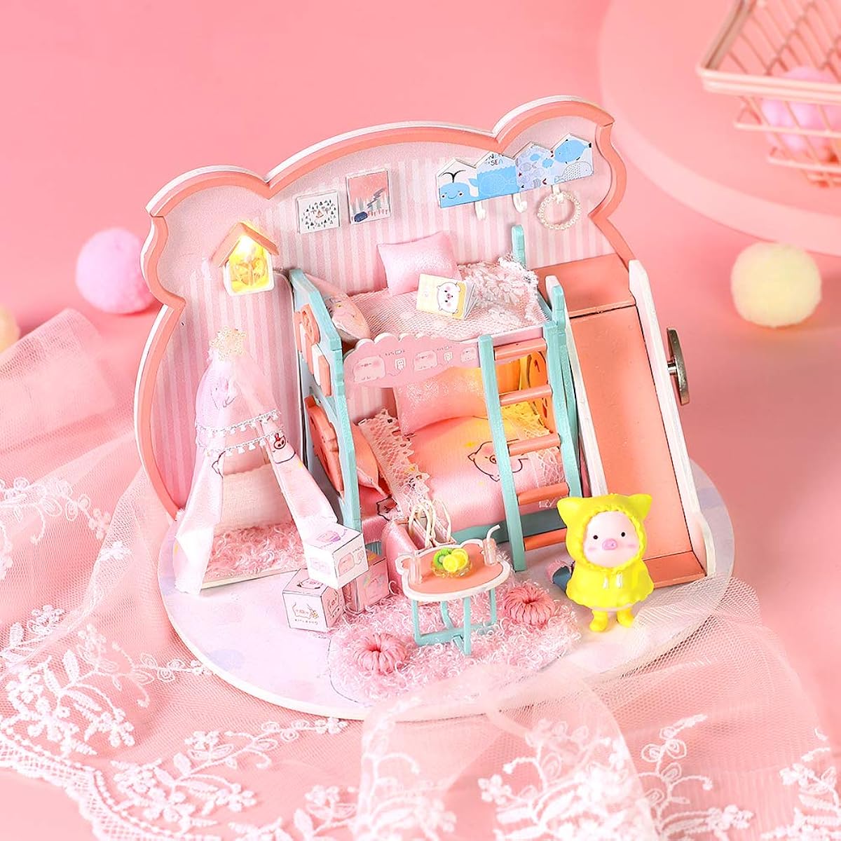 SPILAY Dollhouse DIY Miniature Wooden Furniture Kit, Mini Handmade Dollhouse Wooden Box Model with Dust Cover & LED, 1:24 Scale Creative Wood Craft Toys for Adults Friends Lover Birthday Gift