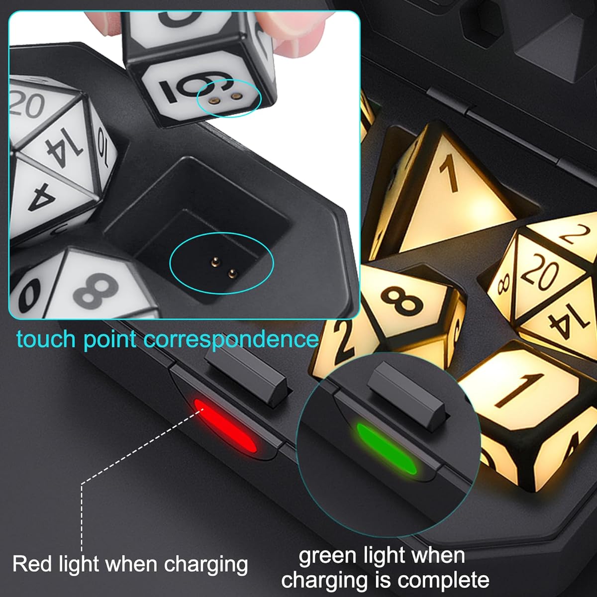 LOOKDNDS Rechargeable LED DND Dice with Charging Box - 7pcs Polyhedral Silicone Dice Set Dice Tabletop Games Unique Gift for Pathfinder Roleplaying Game (Warm Light)