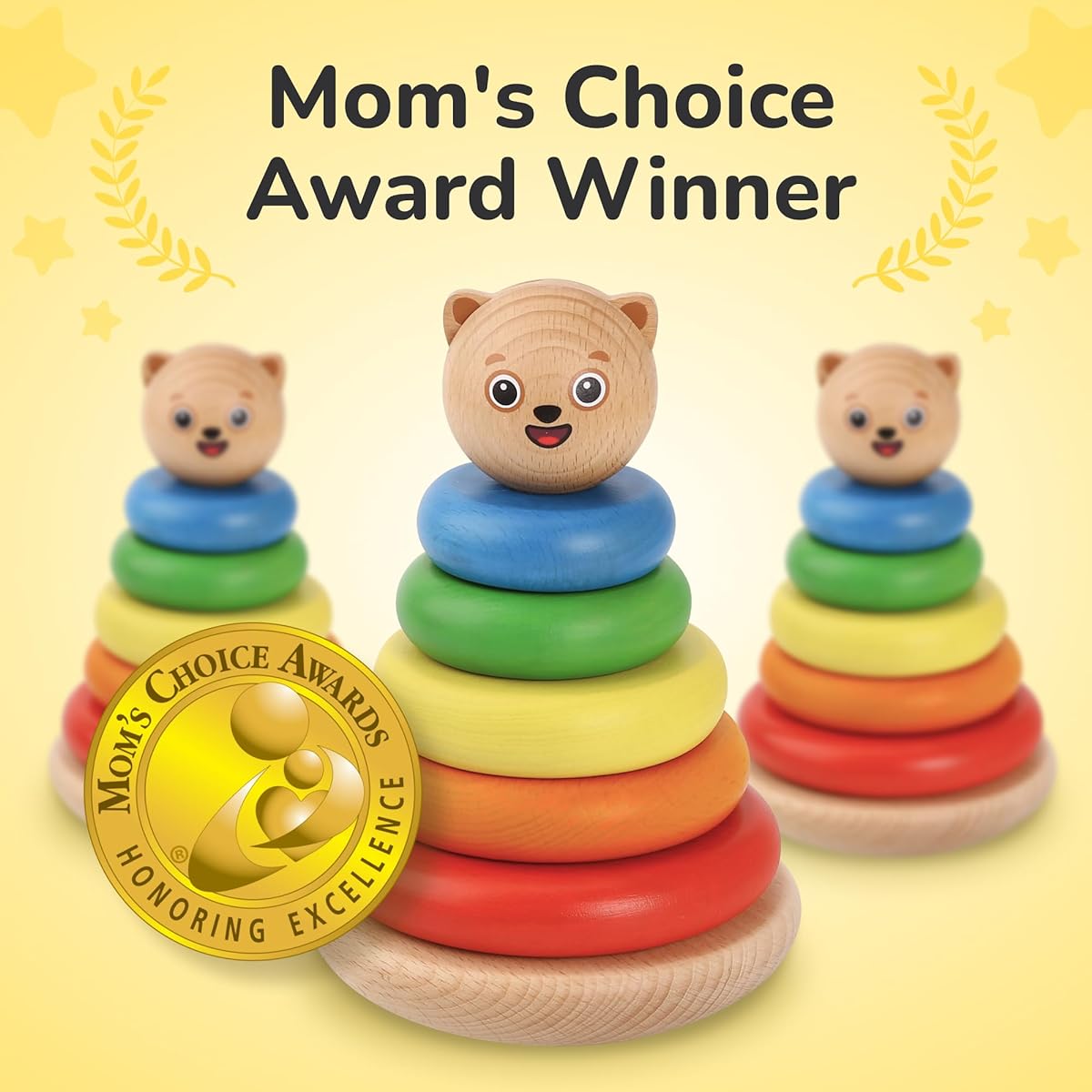 Bimi Boo Wooden Rainbow Stacking Rings for Toddlers - Ring Stacker Baby Toy with Roly-Poly Base - Montessori Early Counting Toy Size Recognition Learning Activity - Ideal Baby Gift (5 Rings)