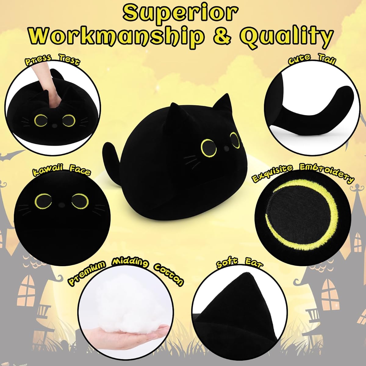 Auspicious Beginning Black Cat Plush Toy, 18.8 Inch Black Cat Stuffed Animal, Black Cat Plush Toy, Cute Cat Plush Toy, Cat Pillow, Soft Black Cat Plush Toy, Sofa Pillow, Decorative Gift for Girls and Boys