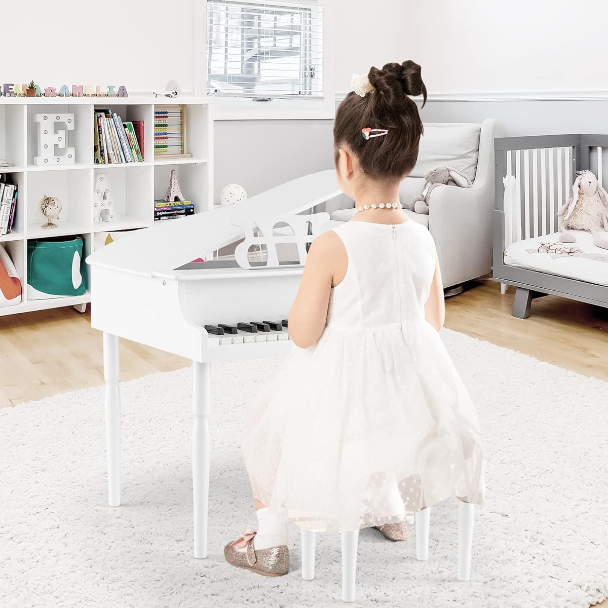 HONEY JOY Classical Kids Piano 30 Key Mini Grand Piano with Music Stand and Bench Wooden Musical Instrument Toy with Lid & Music Rack Gift for Boys/Girls Ages 3+ (4 Straight Legs - White)