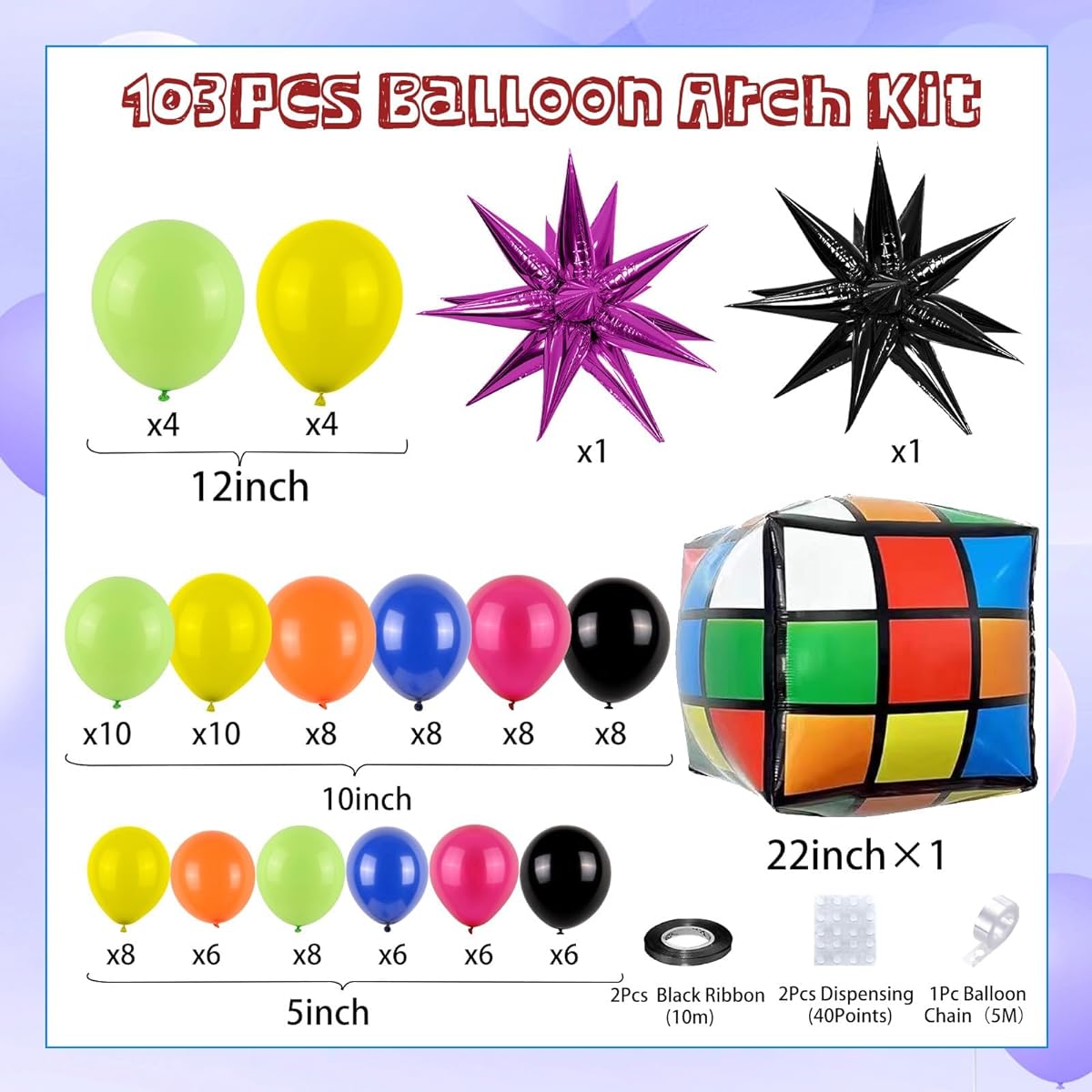 90s 80s Party Balloons Garland Arch Kit 103pcs 90s 80s Theme Party Decorations with 4D Dice Hot Pink Black Star Foil Balloons for 80s/90s Retro Theme Hip Hop Fever Nostalgic Birthday Party Decorations