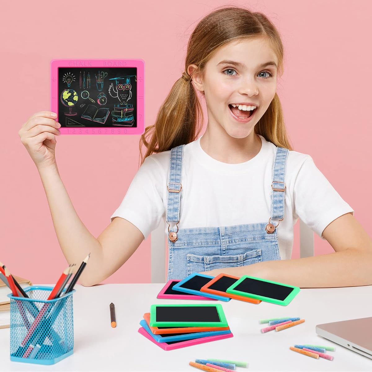 Neon Chalkboard Set for Kids - 48 Pieces Mini Chalkboard, 96 Pieces Chalk Sticks, 48 Pieces Erasers for Boys and Girls, Birthday Party Favors, Kids Bag Back to School Gift