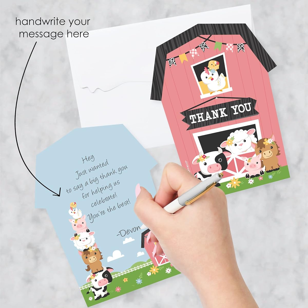 Big Dot of Happiness Girl Farm Animals - Shaped Thank You Cards - Pink Barn Baby Shower Birthday Party Thank You Note Cards with Envelopes - Set of 12