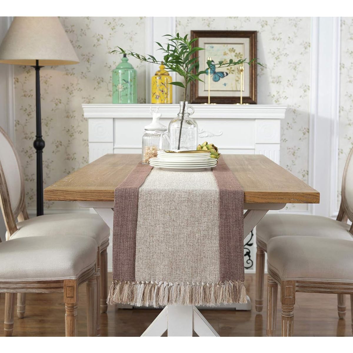 HomeyHo Rustic Table Runner with Fringe Dining End Table Runner Living Room Now Design Table Runner Long Table Runner Modern Design Washable Table Runner 15 x 71 Inches Long Beige