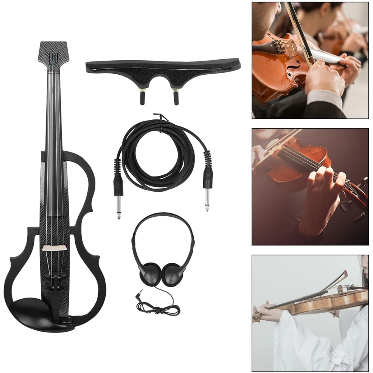 Tadill 4/4 Electric Violin Shoulder Rest Headphones Carbon Fiber Panel Silent Electric Violin Kit for Adult Playing Performance, Style D