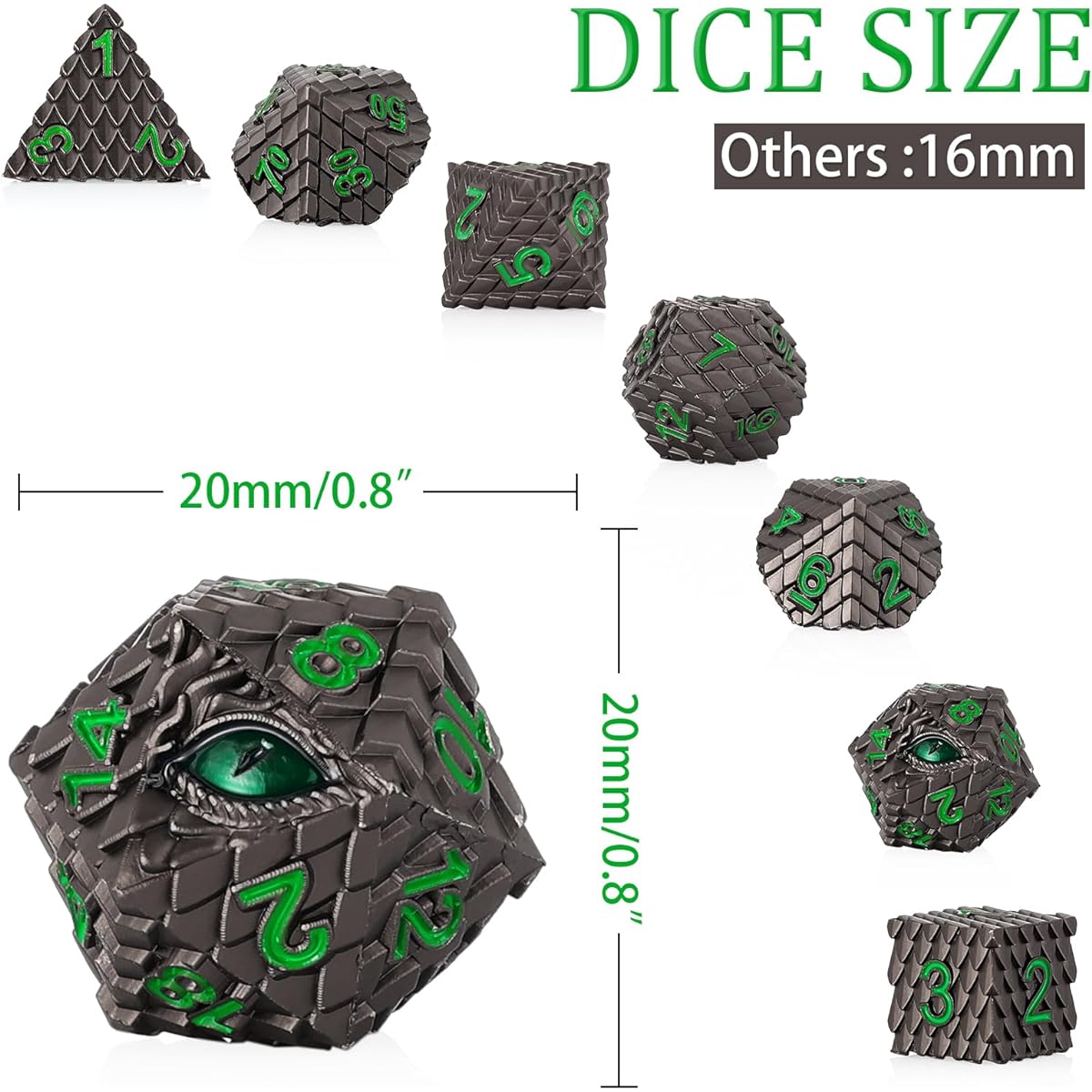 Metal Dice Set D&D Dragon Scale Metallic DND Dice Set Dragon Eye Metal Dice for Dungeons and Dragons Tabletop Games with Huge Gift Case (Black Dragon Scales & Green Eyes)