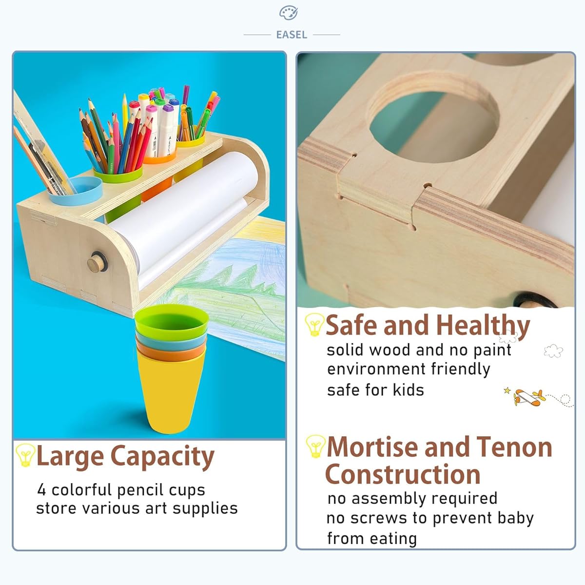 Wooden Tabletop Paper Roll Dispenser Paper Roll 11.4" x 320ft with Pencil Cup, Craft Paper Roll Holder Art Paper Roll Dispenser for Kids Desktop Easel for Drawing, ZMHJ01