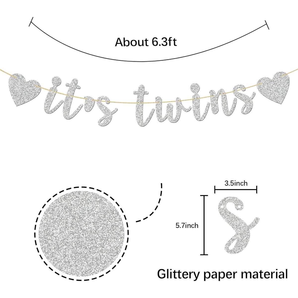 Glitter Silver "It's Twins" Banner Baby Shower Baby's First Birthday Banner Baby Birthday Party Decorations