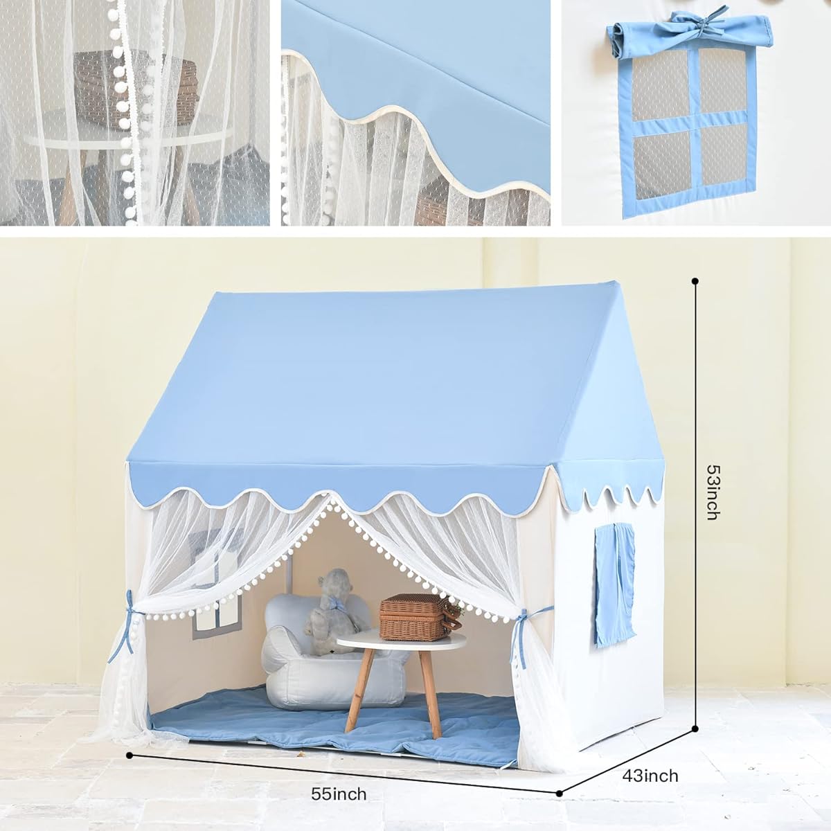 Kids Play Tent Large Fairy Kids Tent Indoor for Girls Boys Toddlers Playhouse Tent Castle with Lace Curtains and Windows for Game Party Decorations (Blue)