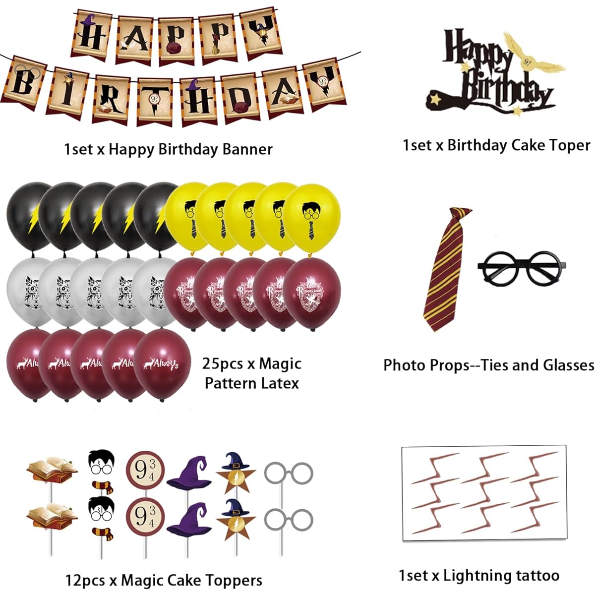 Wizard Birthday Decorations Wizard Glasses Happy Birthday Balloon Banner Cupcake Toppers Tattoo Wizard Tie and Balloons Wizard Birthday Party Decorations