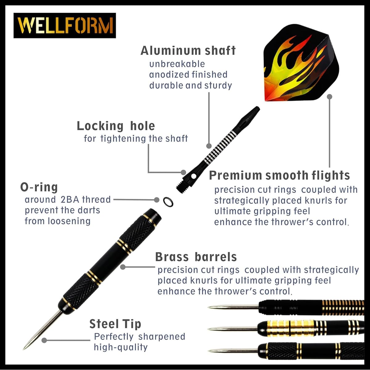 WELLFORM Darts Metal Tip Set, Steel Tip Darts Set 22g and 28g Professional Darts with Darts Guide and Darts Case, Aluminum Shaft, Brass Barrel, Extra Darts Flights, Darts Sharpener, etc.