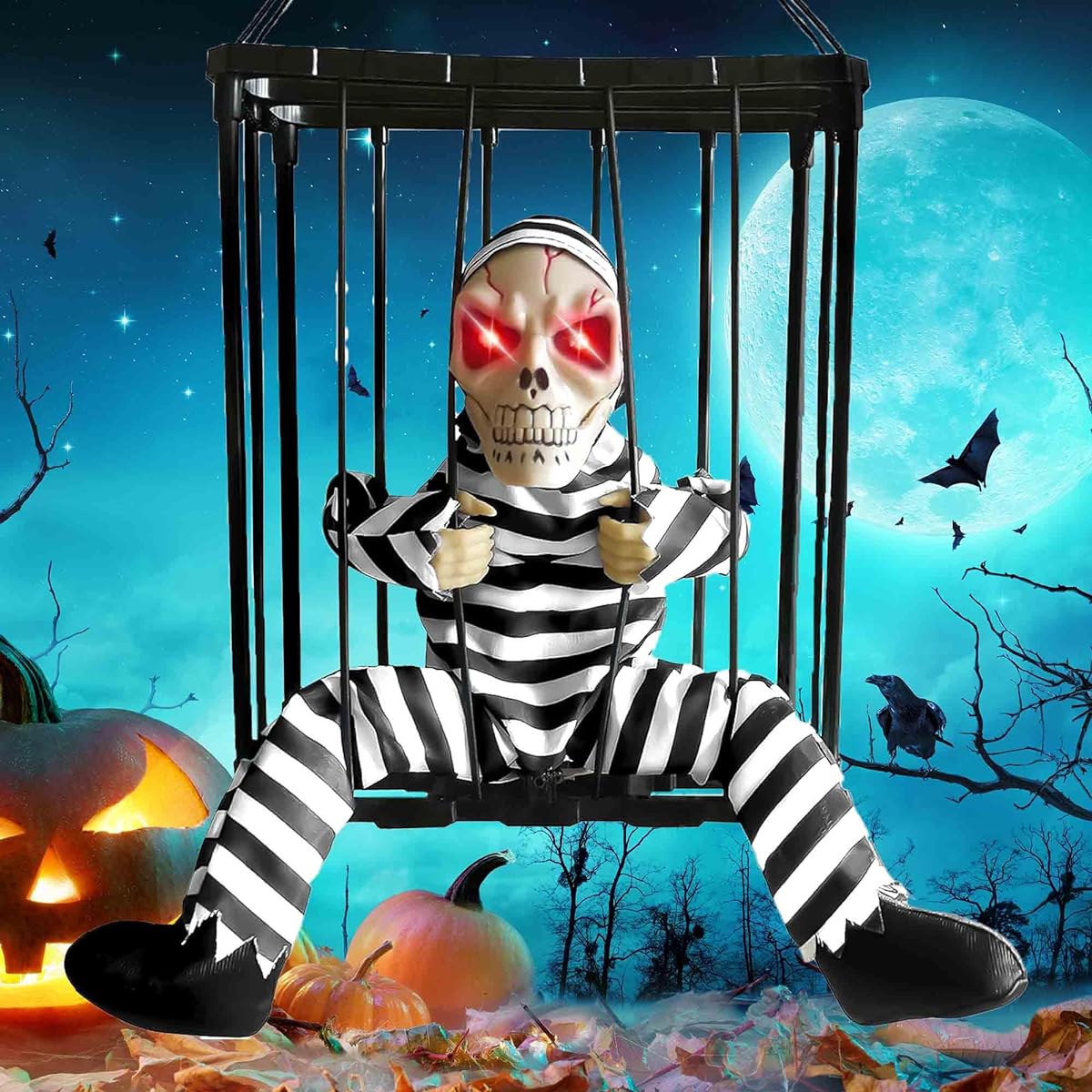 Screaming Animated Halloween Decorations, Halloween Decoration Props with Motion Sensor Scary Skull Cage Prisoner Haunted House Decor, Spooky Hanging Ghost Light Up Eye Decorations (Style 1)