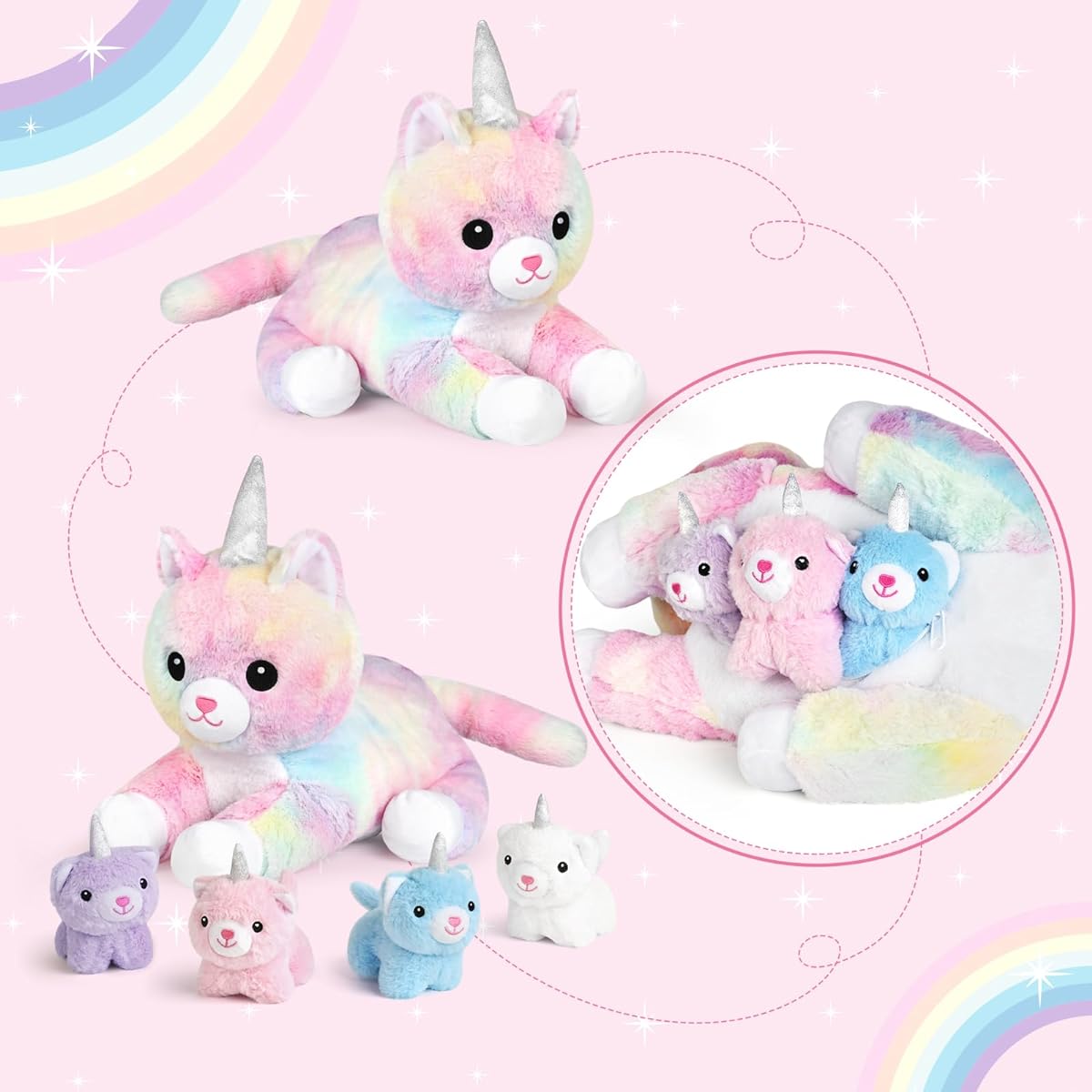 KMUYSL Unicorn Cat Plush Toy for 3 4 5 6 7 8+ - Cat Mom Plush Toy 4 Kittens on Belly Valentine Birthday Gift Soft Stuffed Animal Set Baby Toddler Kids