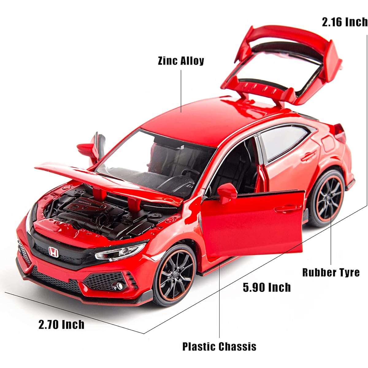 RMZ City 1:32 Diecast Alloy Civic Car Model Toy Car Pull Back Alloy Car with Lights and Sounds Open Doors Kids Gifts Children Birthday Gifts Red