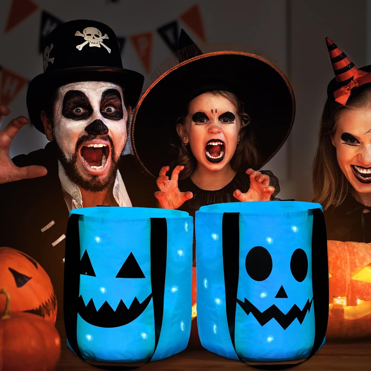 3 Pieces LED Light Halloween Candy Bag Light Up Halloween Party Bag Trick or Treat Bag Pumpkin Smile Face Light Up Candy Bag Multipurpose Reusable Goodie Bucket for Kids Halloween (Blue)