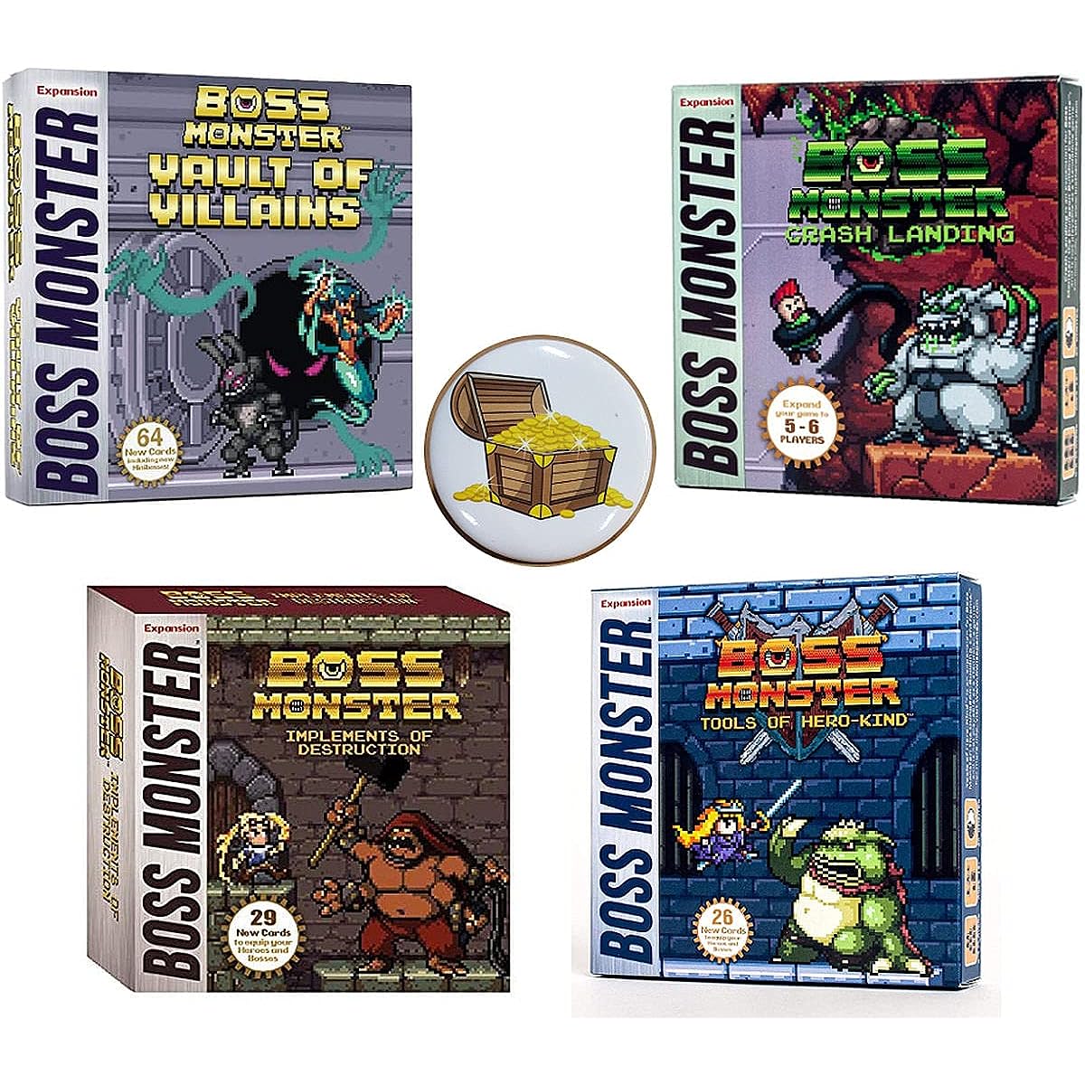 Boss Monster Card Game 4 Expansion Sets and 1 Treasure Chest Button