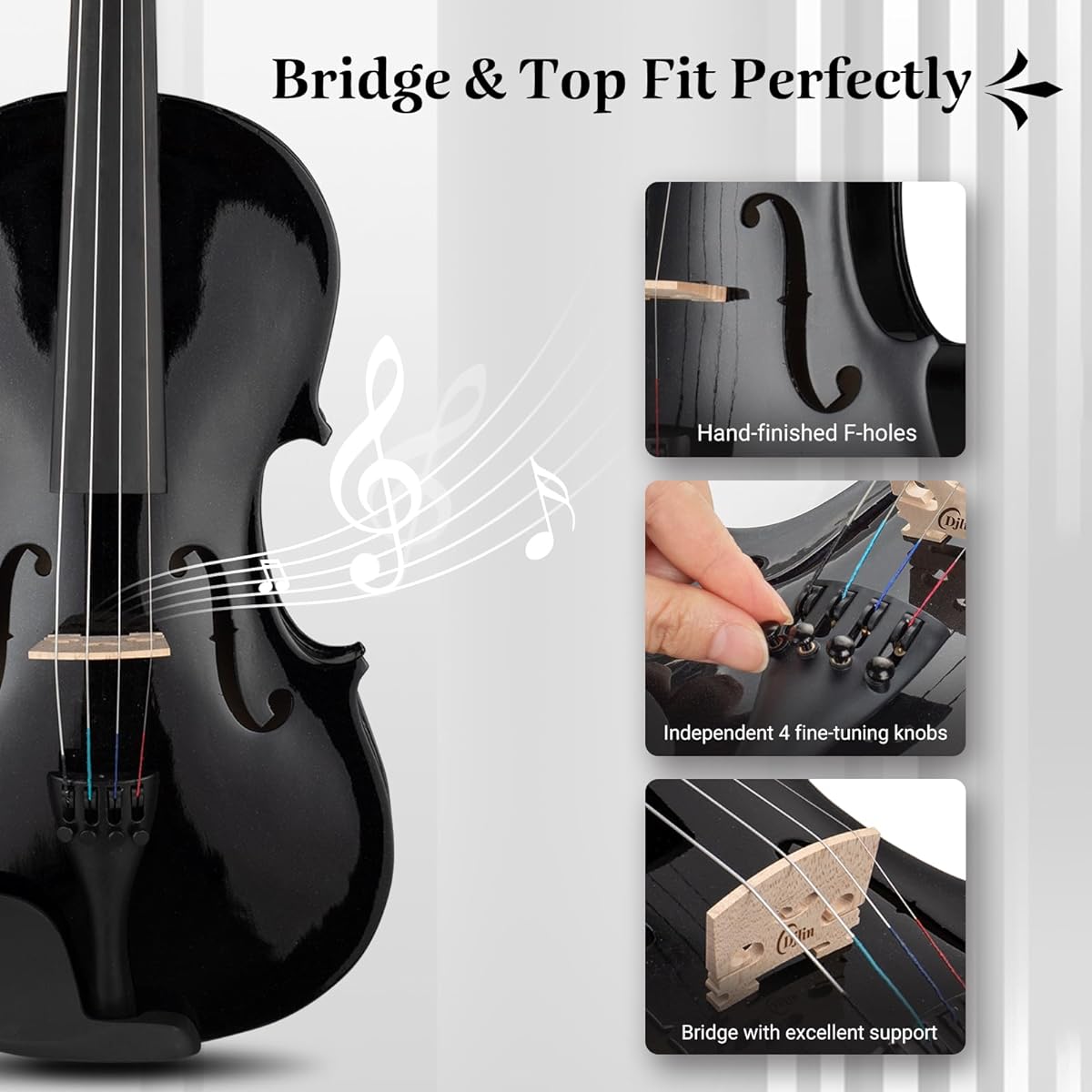 Djlin Black Violin Beginner Adult 4/4 Full Size Acoustic Violin Student Fiddle Accessories Hard Case, Violin Rosin, Violin Bow, Violin Strings, Violin Shoulder Rest