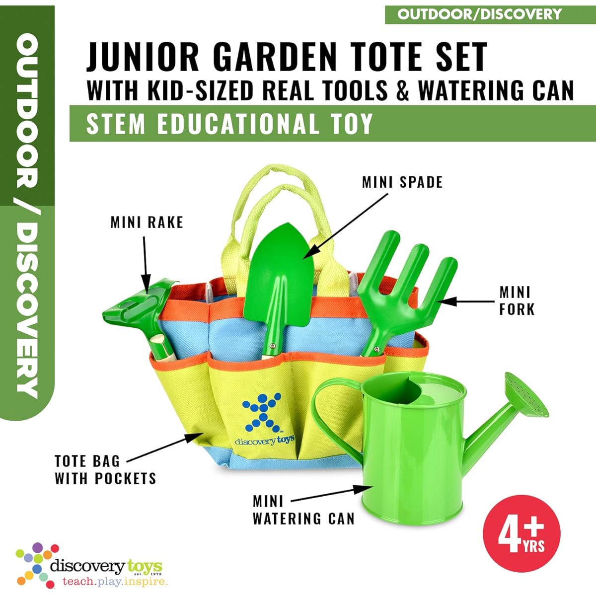 Discovery Toys Kids Garden Tool Set - 5 Piece with Wooden Handles - Watering Can, Tote, Spade, Fork, Rake - Summer Toy Gifts for Ages 4+