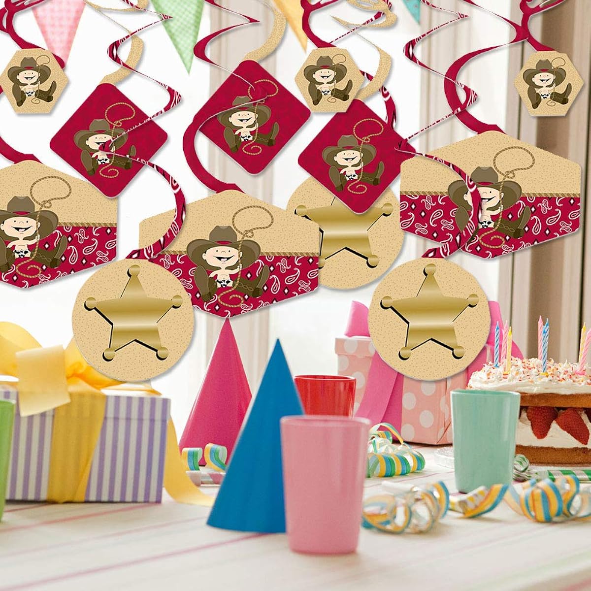 Little Cowboy - Western Baby Shower Birthday Party Hanging Decorations - Party Decoration Swirls - Set of 40