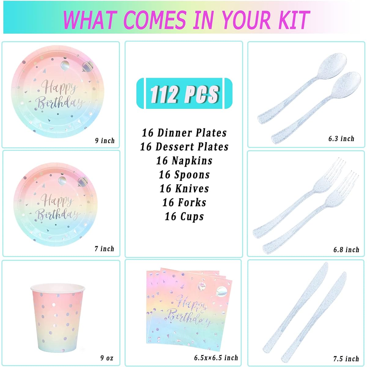 Pastel Rainbow Party Supplies Birthday Plates and Napkins Set for Girls - Pastel Party Plates, Sturdy Silverware, Cups, Napkins for Baby Shower and Birthday Party - Serves 16