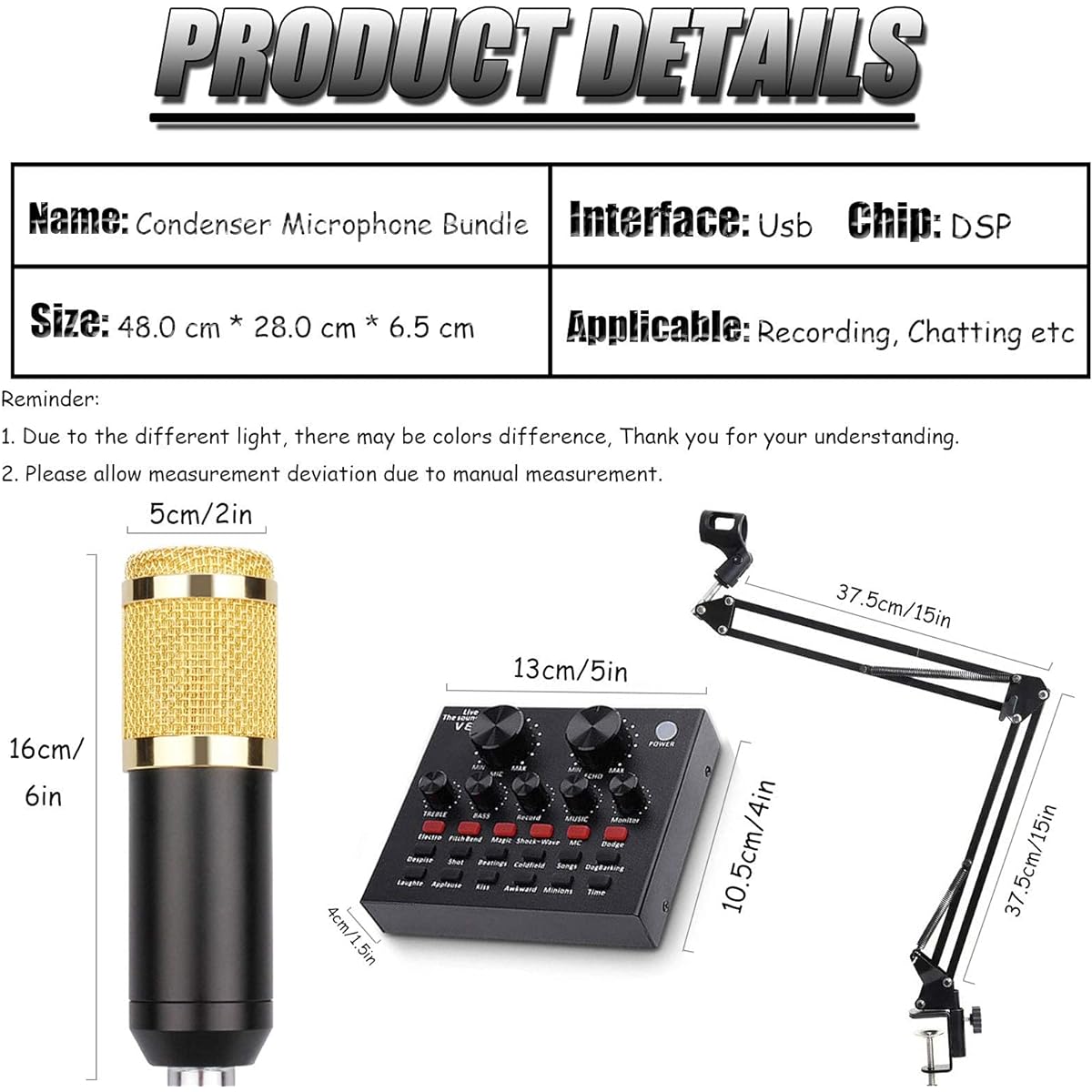 Condenser Microphone Bundle with Live Sound Card, Kit with Adjustable Mic Arm Stand Desk for Studio Recording and Broadcasting DDF