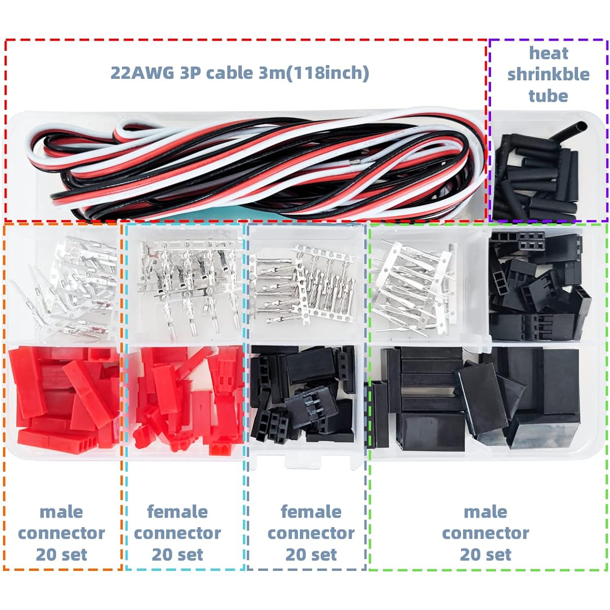 JST Connector Kit SNLLMZI Servo Connector Kit 40 Sets Servo Plug Male Female Connector Crimp Pin Cable Kit for RC Hitec Spektrum Models Servo Connector Model Receiver Battery ESC Connection