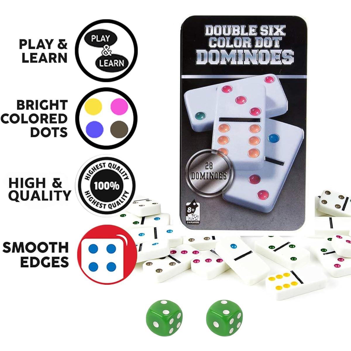 Double 6 Domino Tile Game Set - 28 Tiles Color Dot Ivory Dominoes with Tin Box Storage Bag (2)