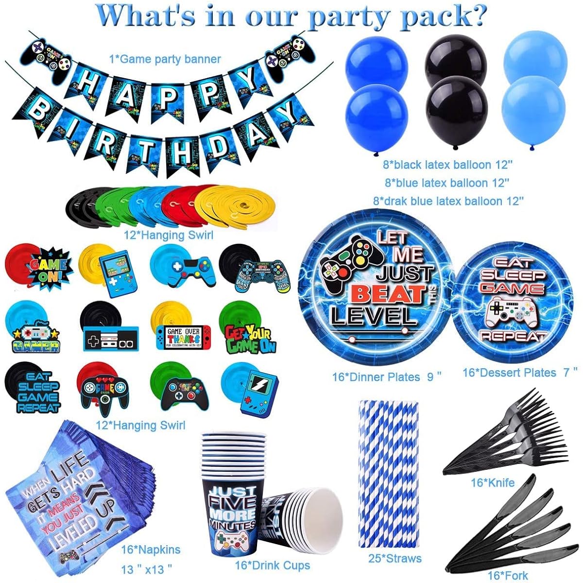 TMCCE Blue Video Game Party Supplies Gaming Party Decorations Paper Plates Cups Napkins Straws Hanging Swirls Balloons Happy Birthday Banner for Gamer Birthday Party Decorations (No Tablecloth)