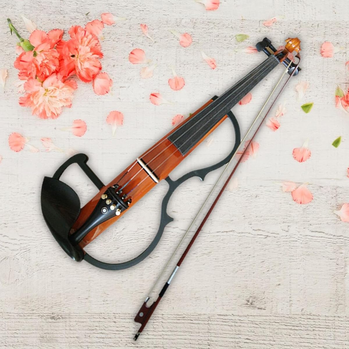 LOL-FUN Electric Violin with Violin Accessories and Violin Bow with Carrying Case, Stage Show Wooden Silent Electric Violin for Teens, Brown