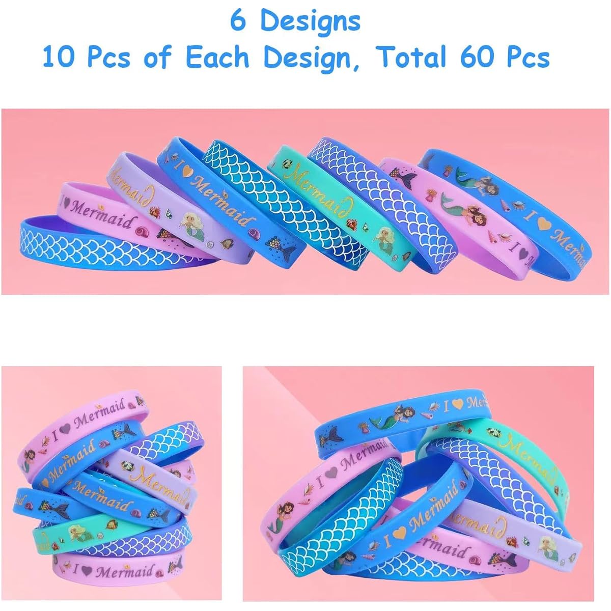 JAKADYUKS 60pcs Mermaid Bracelets Party Favors Birthday Party Supplies Summer Beach Pool Under the Sea Theme Party Supplies Silicone Wristbands Goodie Bag Stuffers