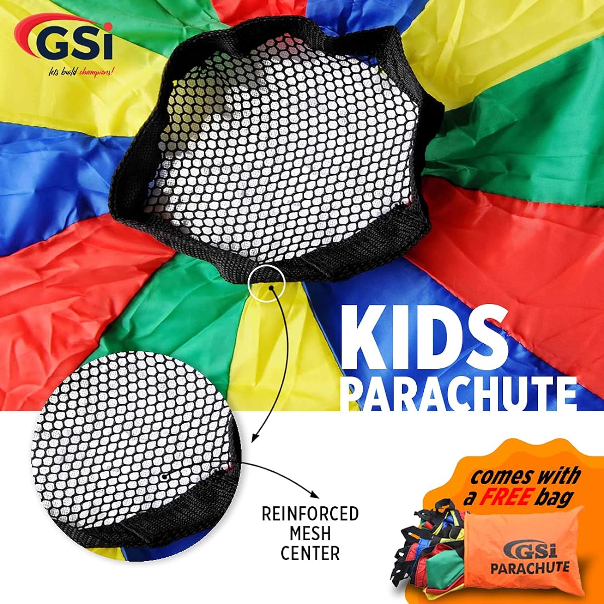 GSI Kids Play Parachute Toy 24ft with Handle and Carry Bag for Cooperative Play and Upper Body Strength, Multicolor