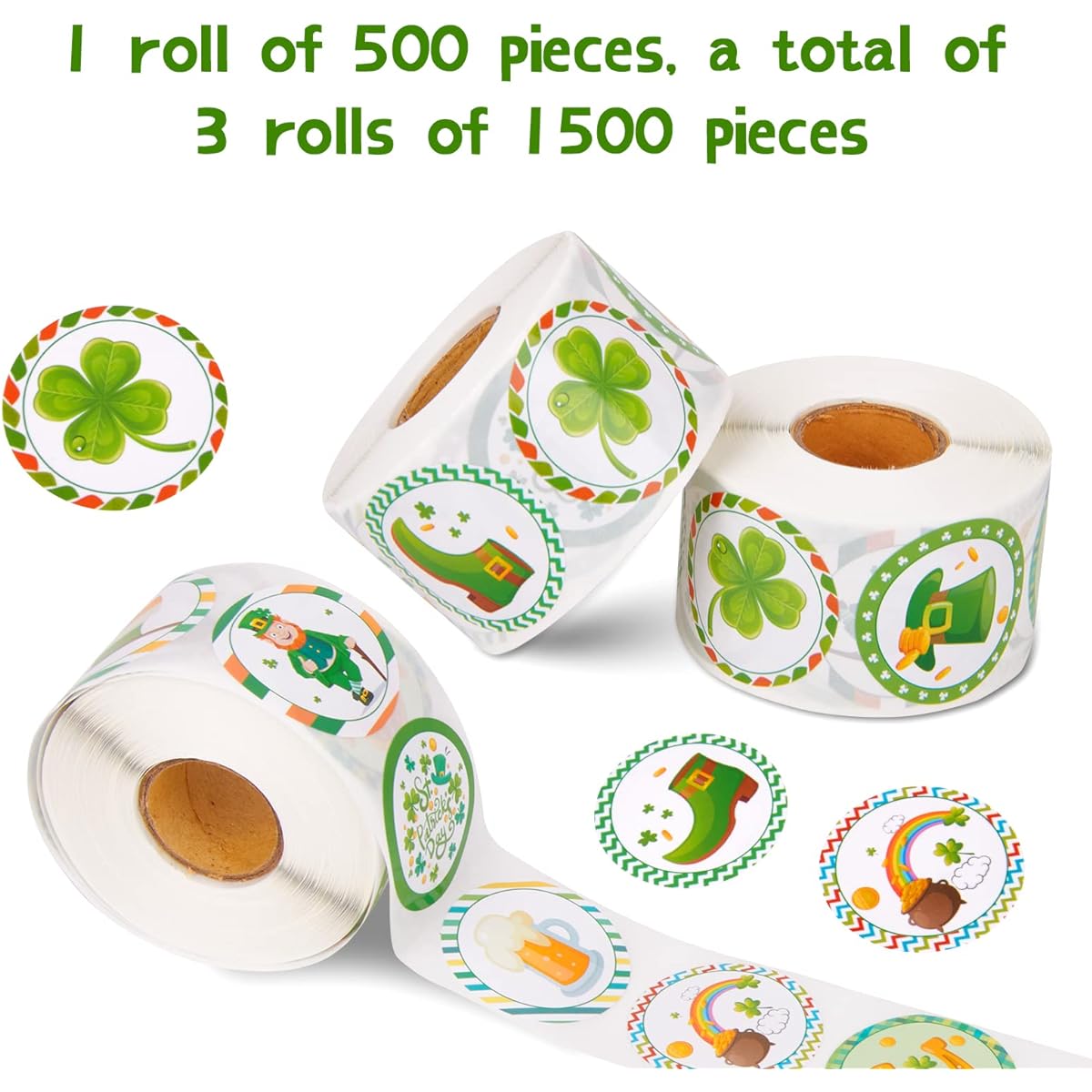 St. Patrick's Day Stickers 1500 per Roll Bulk Shamrock Party Decorations for Kids Classroom Rewards Crafts Motivation Booster