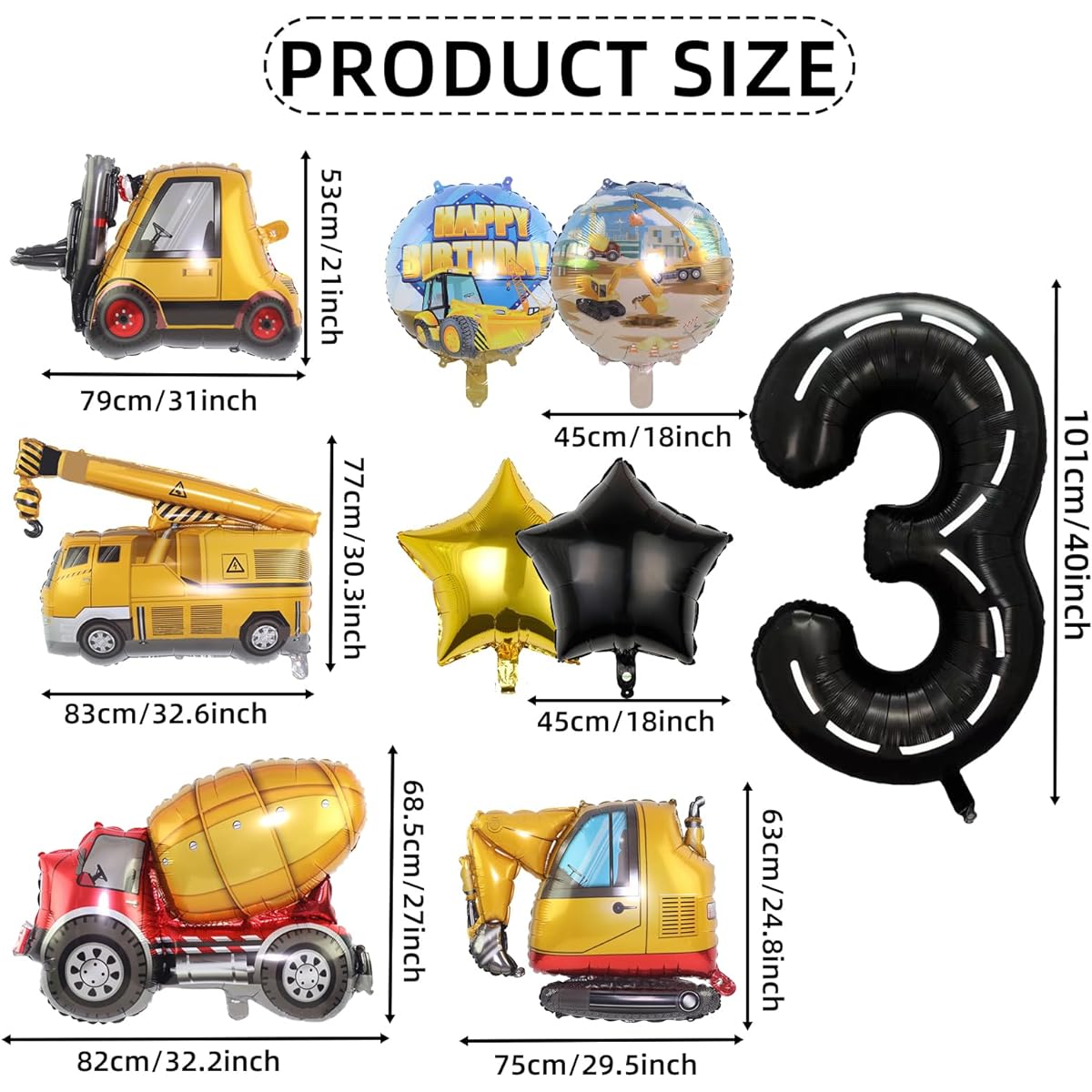 Construction 3rd Birthday Party Decorations 9 Pieces Construction Birthday Number Foil Balloons Construction Truck 3rd Birthday Construction Theme Party Supplies (3rd)