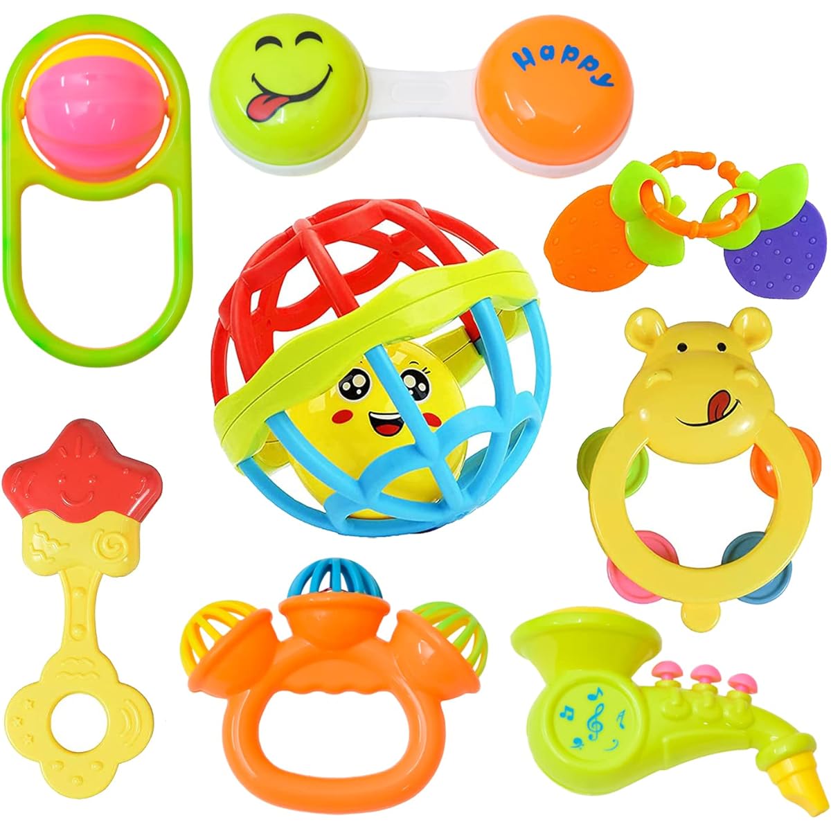 Wish Key Colorful Plastic Non-Toxic Set of 8 Teething Rattles for Newborns and Toddlers