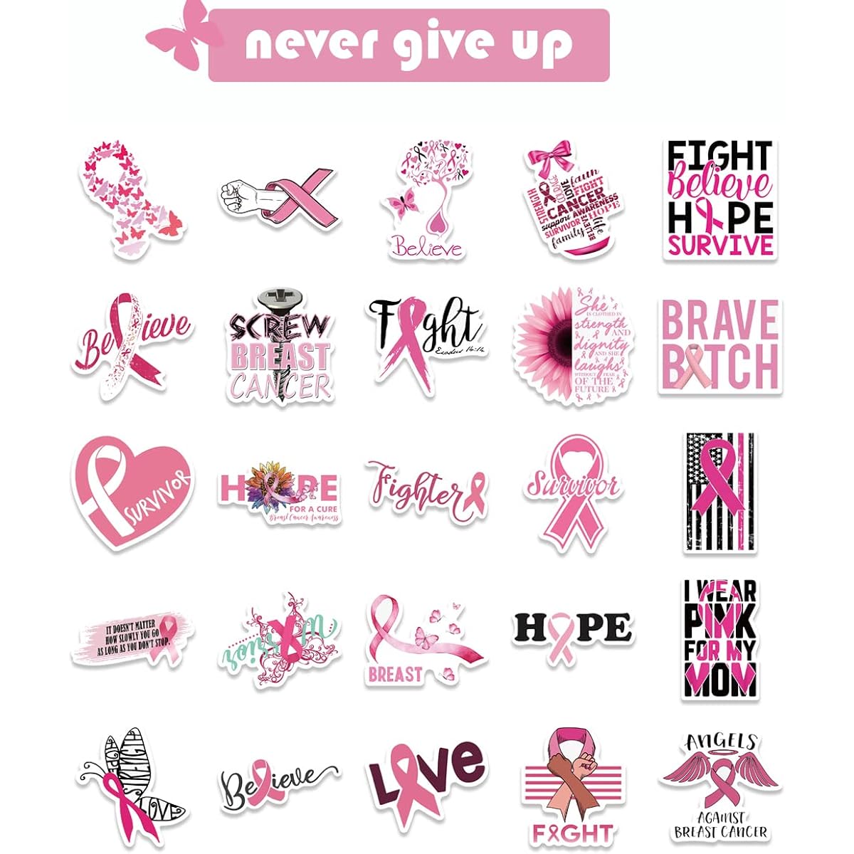 Breast Cancer Awareness Stickers, Pink Ribbon Butterfly Vinyl Waterproof Stickers for Women Girls Breast Cancer Awareness Accessories Event Supplies Party Decorations