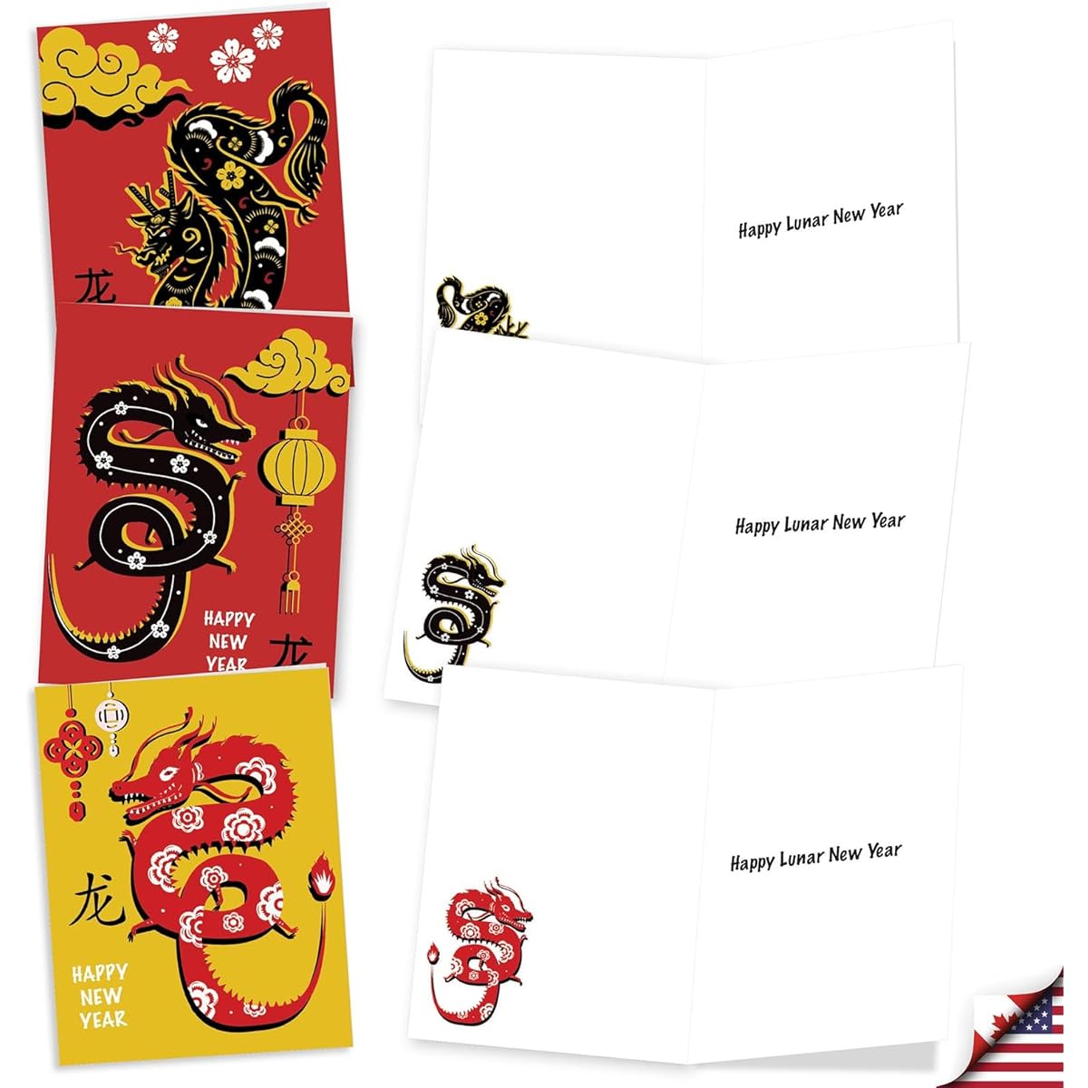 The Best Card Company 20-Pack Chinese New Year Notecards Box Set 4 x 5.12 Inch with Envelopes (10 Designs, 2 of Each), Red Dragon AM10975LNG-B2x10