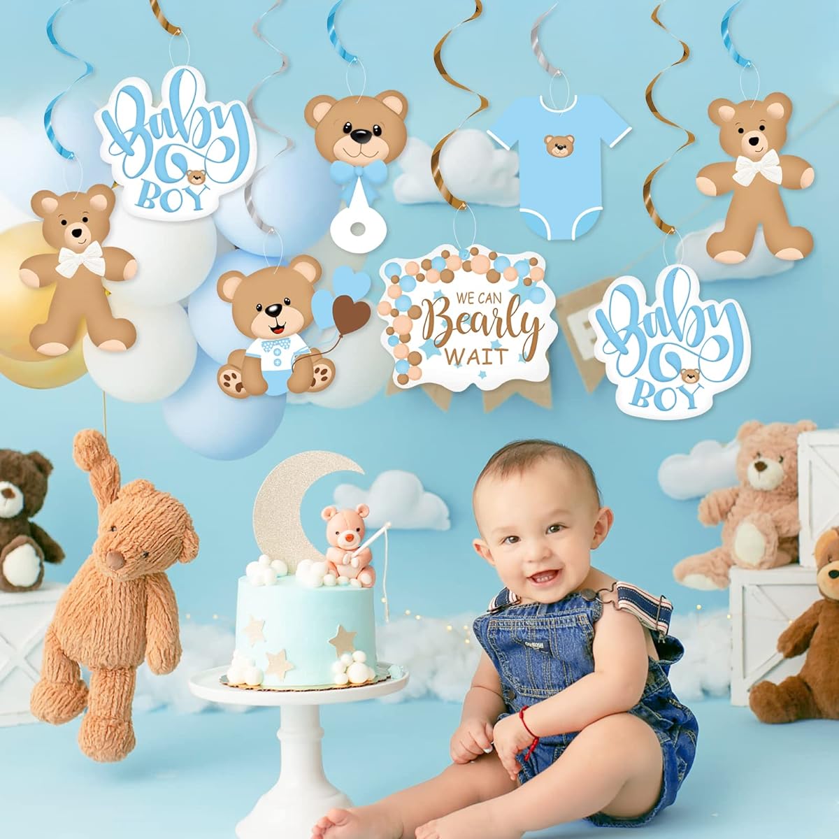 20pcs Blue Bear Baby Shower Party Hanging Swirl Decorations, Baby Shower Decorations for Boys Foil Ceiling Swirls Teddy Bear Hanging Decor Streamers Birthday Party Supplies