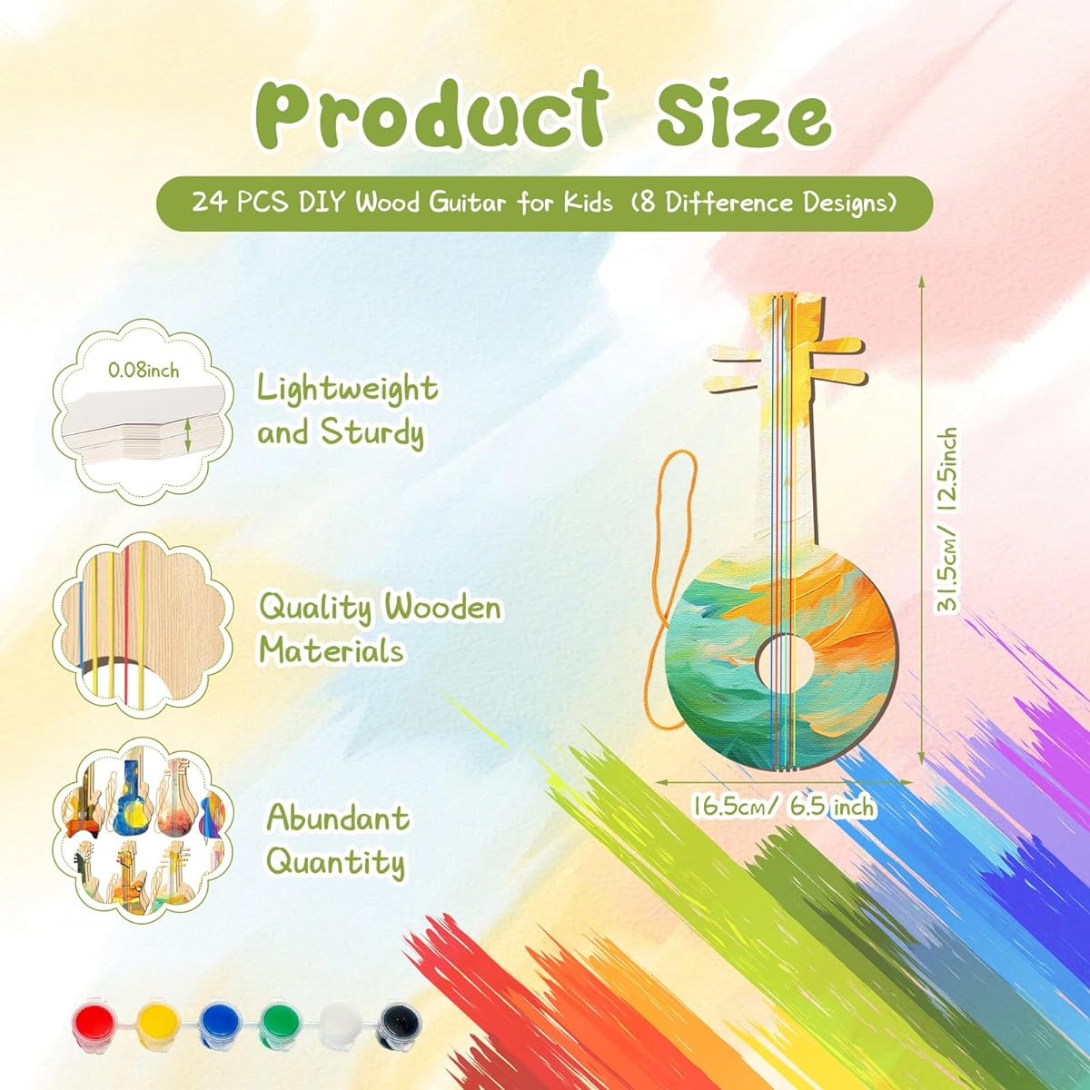 Syhood DIY Wooden Guitar for Kids (8 Different Designs) 16 Sets of Pigments (6 Colors) Wooden Guitar for Boys/Girls Perfect for Crafts and Art Classes, Birthday Parties, Music Theme Parties