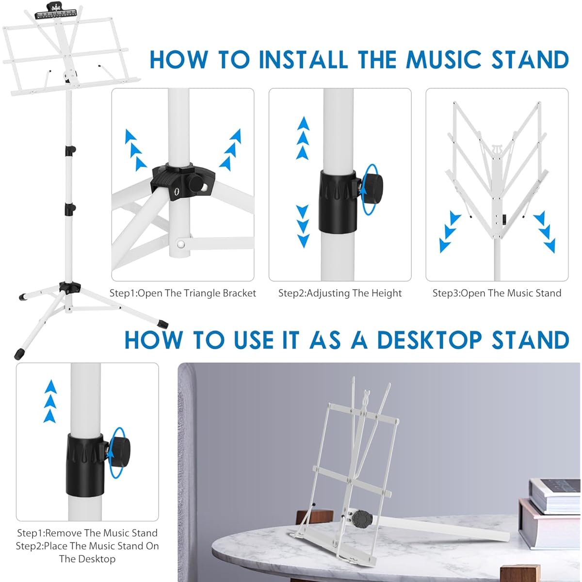 K KASONIC - Music Stand 2-in-1 Dual Use Folding Music Score & Desktop Book Stand Portable Lightweight with Music Clip Holder & Carry Bag Perfect for Musical Instrument Playing White