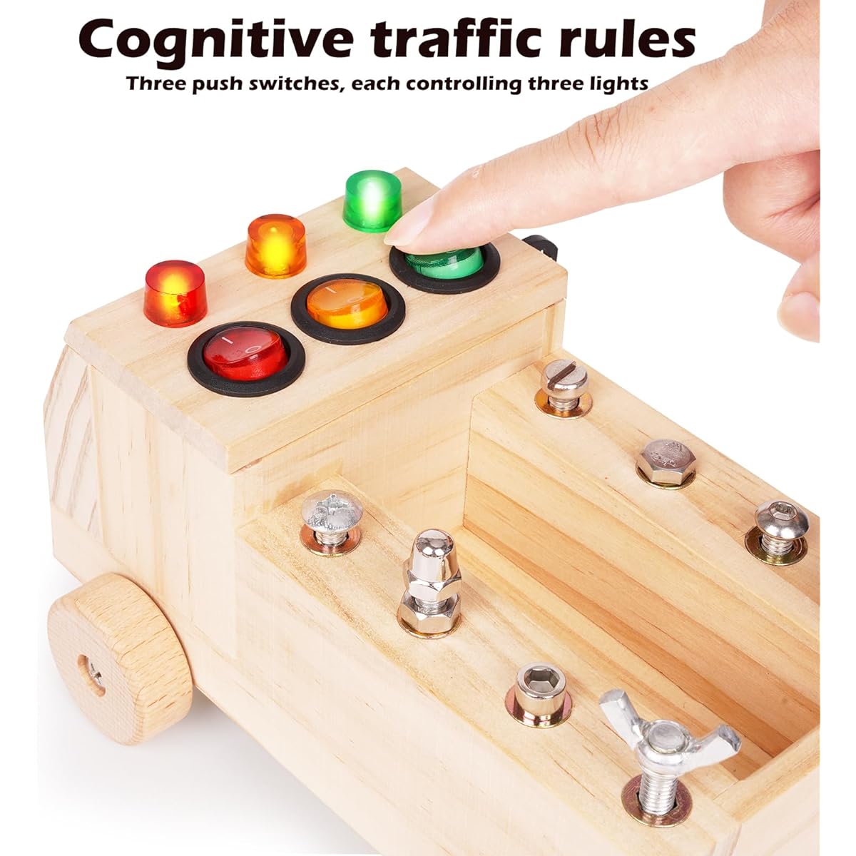 Montessori Car Driver Board Set, Car LED Busy Board Light Switch, Montessori for Toddlers, Wooden Busy Trucks, Kids Tool Set, Fine Motor Skills Activities, Sensory Educational Toys for Kids