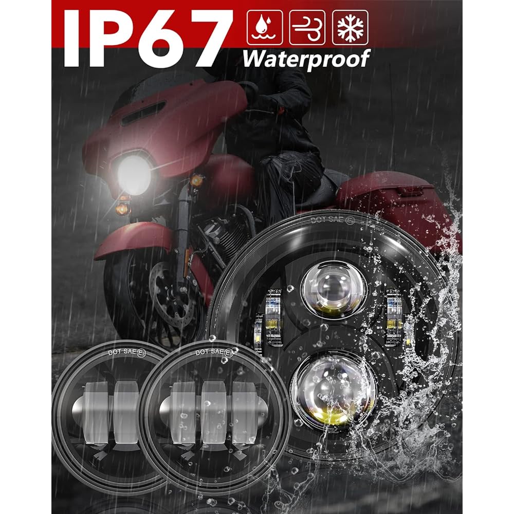 7" LED Motorcycle Headlight 4.5" Fog Lamp Pass Lamp DOT SAE Approved Harley-Davidson Classic Electra Street Glide Fat Boy Road King Heritage Softail