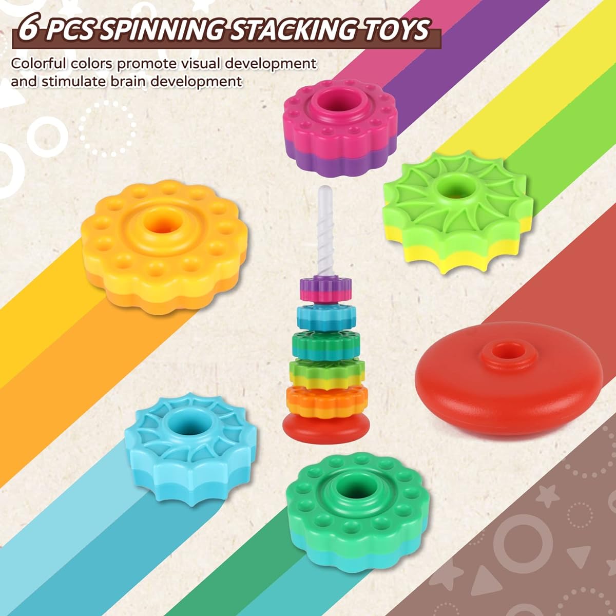 JUXUE Baby Spinning Stacking Toys for Toddlers 1-3, Rainbow Ring Stacker Montessori Toys for Babies 6-12 Months, 1 2 3 One Ye