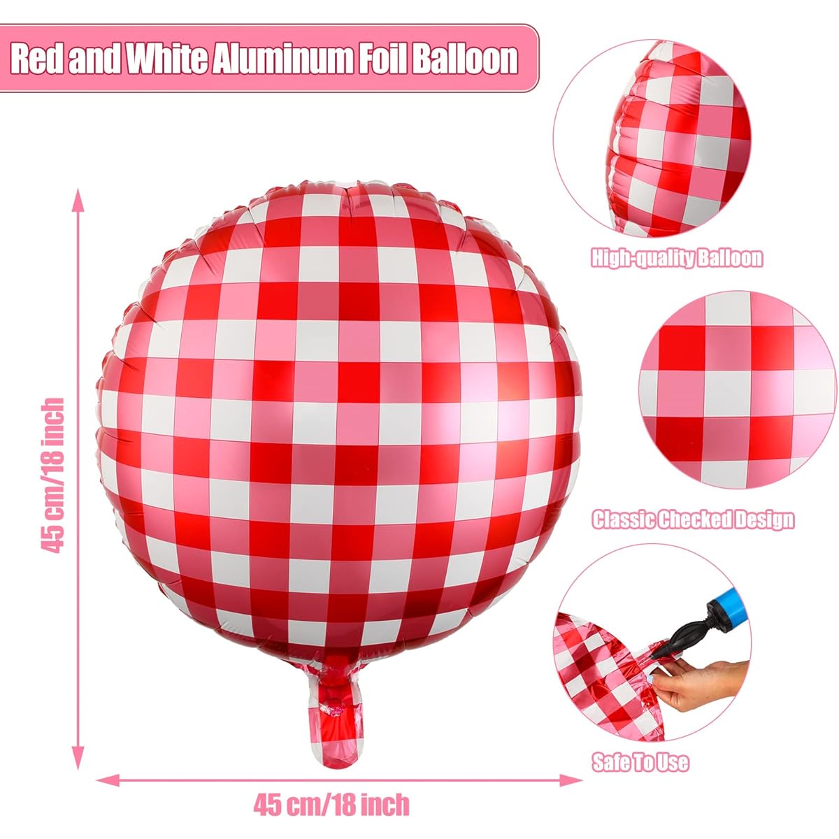 50pcs Red and White Check Balloons Aluminum Foil BBQ Balloons 18 Inch Baby Q Party Decorations Picnic/Birthday/BBQ/Baby Shower Decoration/Ceremony/Holiday Party Supplies