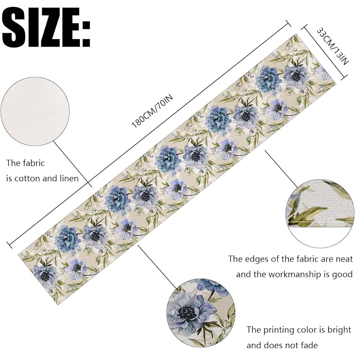 Burlap Table Runner 72 Inch Long Blue Purple Floral Seasonal Anniversary Holiday Kitchen Dining Table Decor Indoor/Outdoor/Home Party Decor