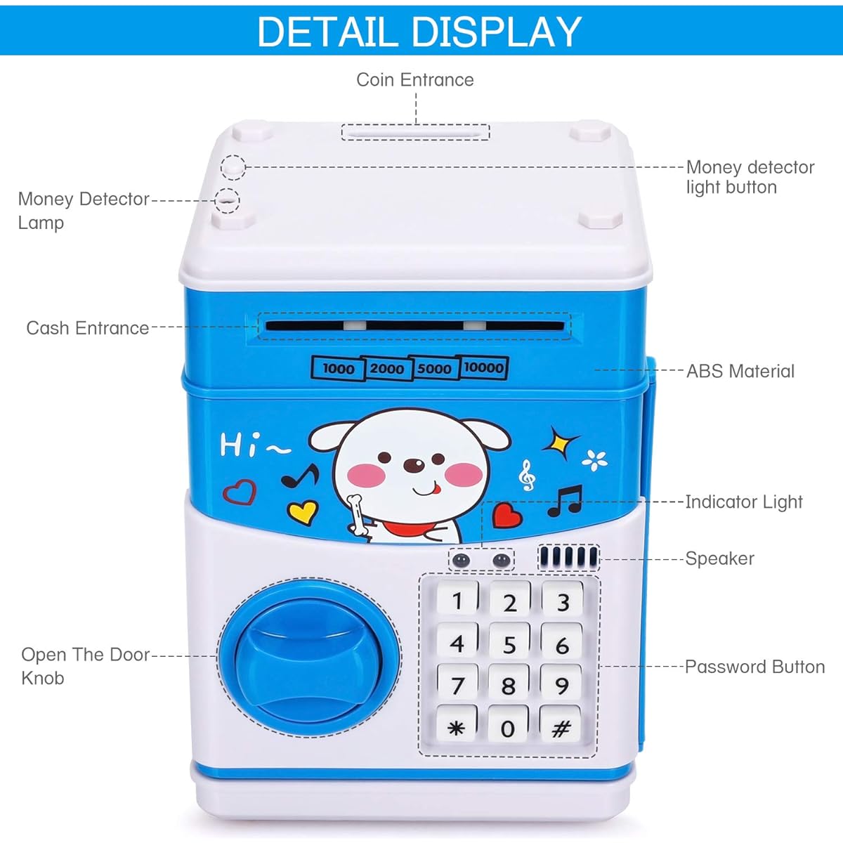 KMiKE Electronic Dog Piggy Bank for Kids Cash Coin Cartoon ATM Money Saver Coin Bank with Password & Music, Great Gift for Kids (Blue)