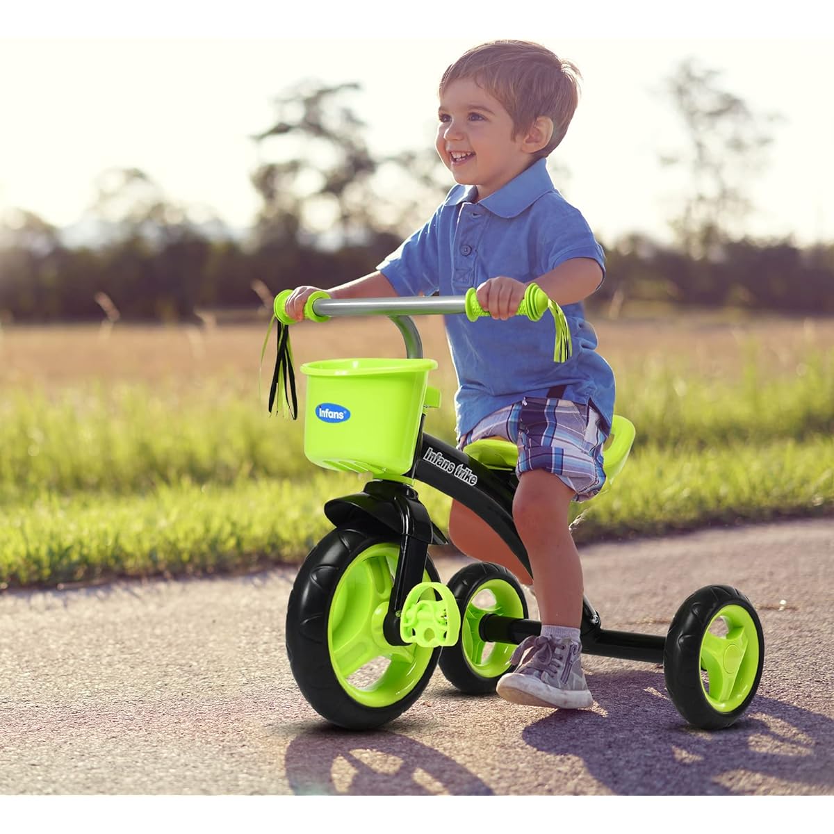 INFANS Kids Tricycle Rider with Adjustable Seat, Storage Basket, Premium Quiet Wheels, Non-Slip Handles (Green)