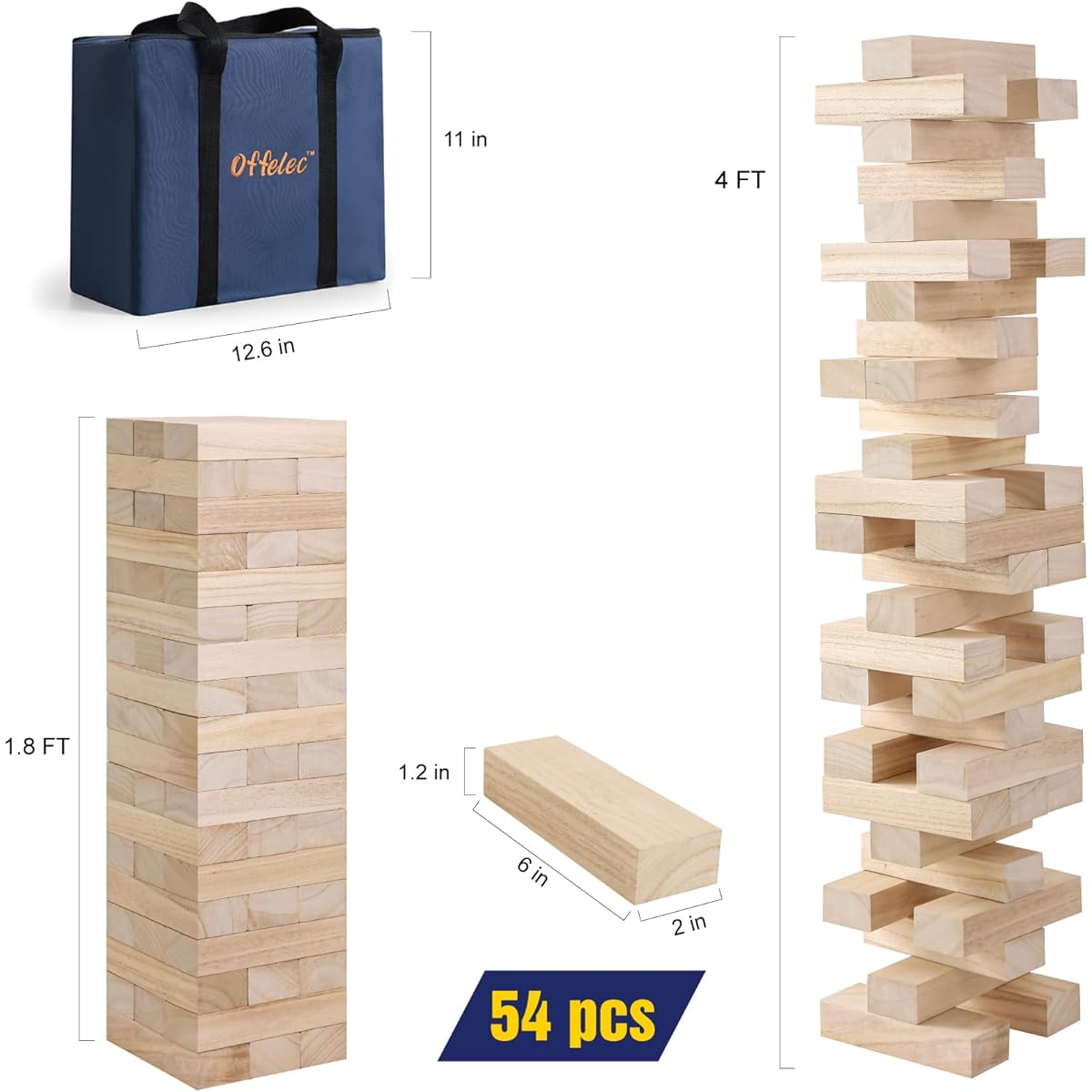 Offelec Large Tumble Tower Game, Giant Wooden Blocks Lawn Yard Game 1.8ft to 3.6ft Height with Carrying Case Outdoor Wood Stacking Game Night Toy for Kids Adults Family 6'x2'x1.2'x54 Pieces