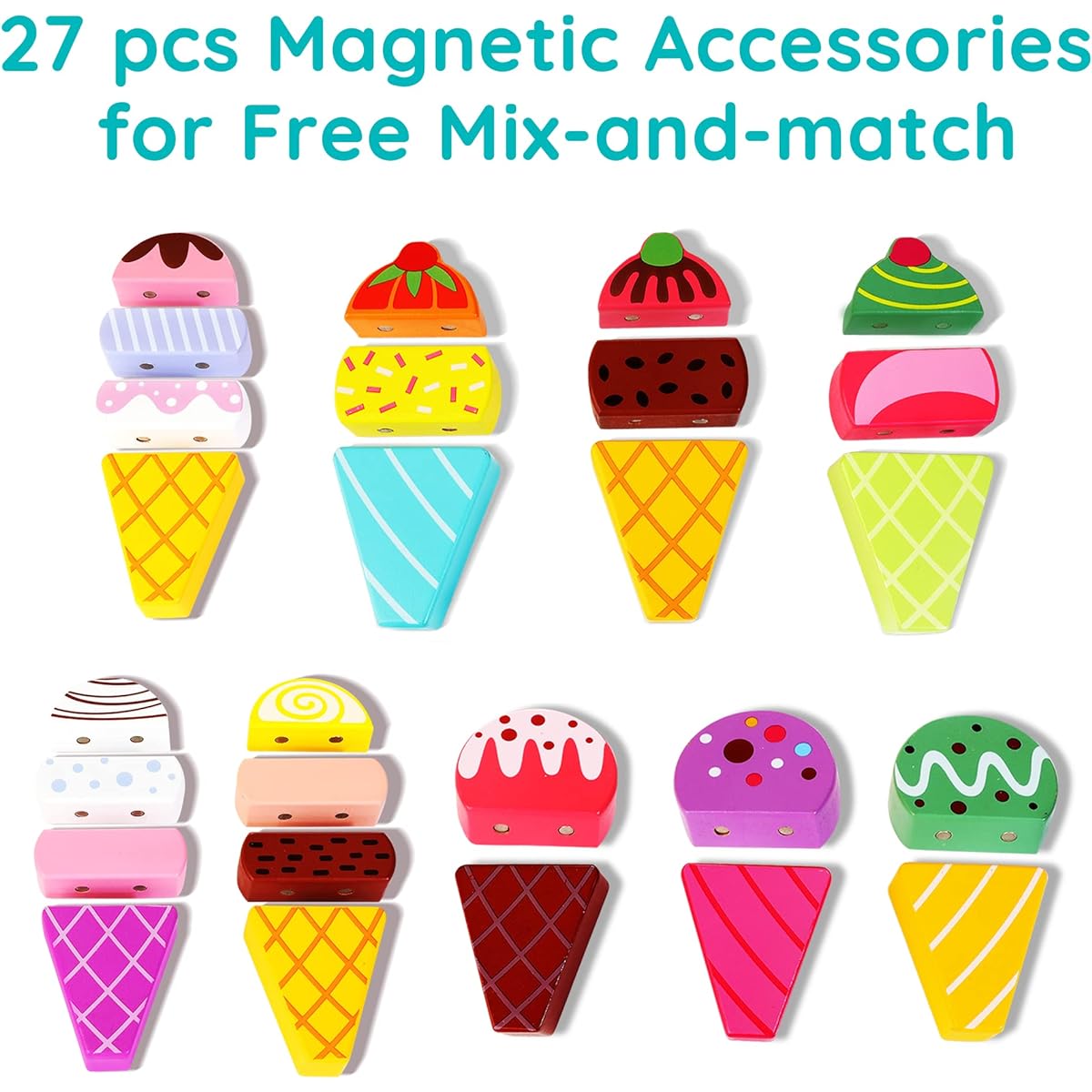HELLOWOOD Wooden Ice Cream Truck, 28 Pieces Magnetic Ice Cream Sweet Treats Pretend Play Food and Accessories Montessori Sorting & Stacking Toy for Toddlers Girls & Boys Ages 2-5